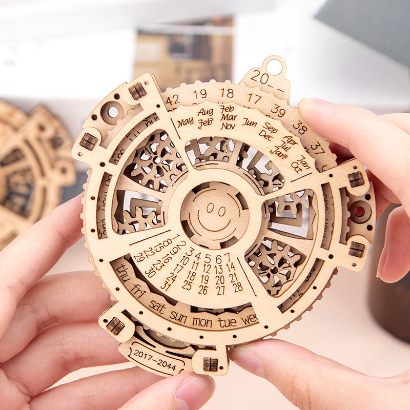 Carved basswood 3D wooden perpetual calendar puzzle with decorative etched details