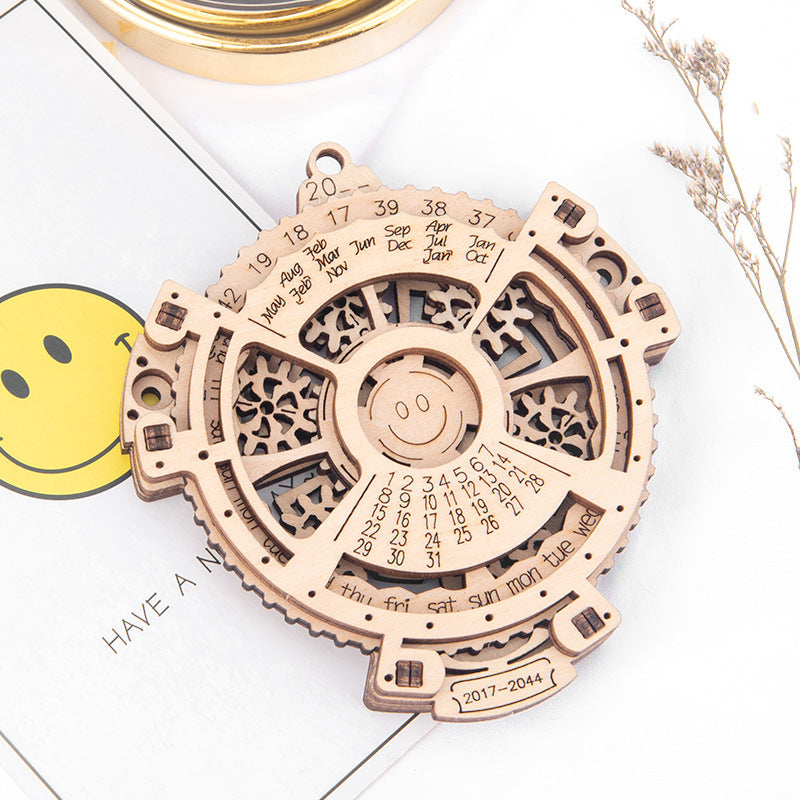Carved basswood 3D wooden perpetual calendar puzzle with decorative etched details