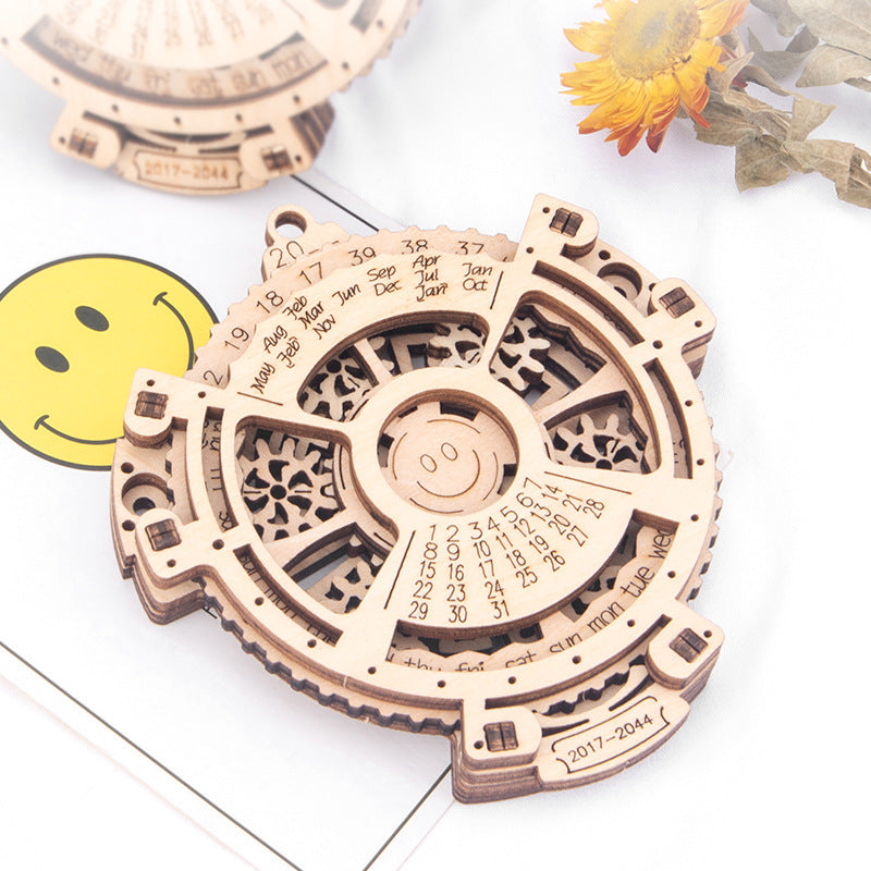 Carved basswood 3D wooden perpetual calendar puzzle with decorative etched details