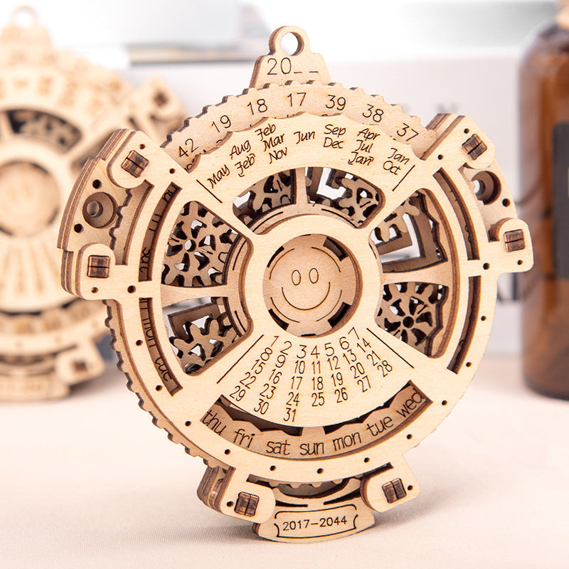 Carved basswood 3D wooden perpetual calendar puzzle with decorative etched details