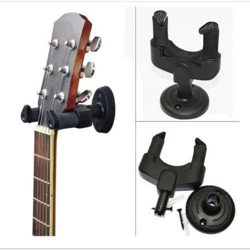 Black plastic guitar headstock stand shown holding a guitar headstock on the left, with two additional views of the stand and mounting hardware on the right, all on a white background.