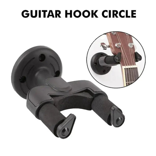 Black metal guitar hook circle wall mount shown on a white background, with the text 'GUITAR HOOK CIRCLE' at the top and a circular inset demonstrating use on a guitar headstock.