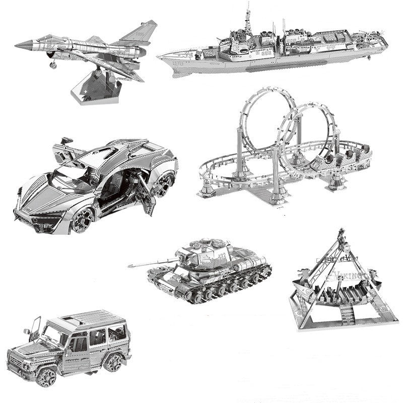 DIY 3D metal model puzzle kit in detailed alloy vehicle, ride, and military designs