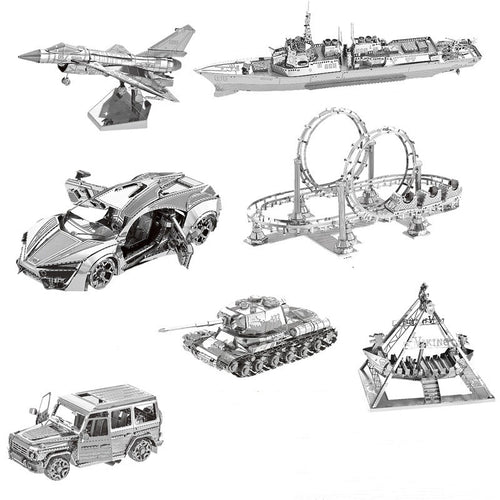 DIY 3D metal model puzzle kit in detailed alloy vehicle, ride, and military designs